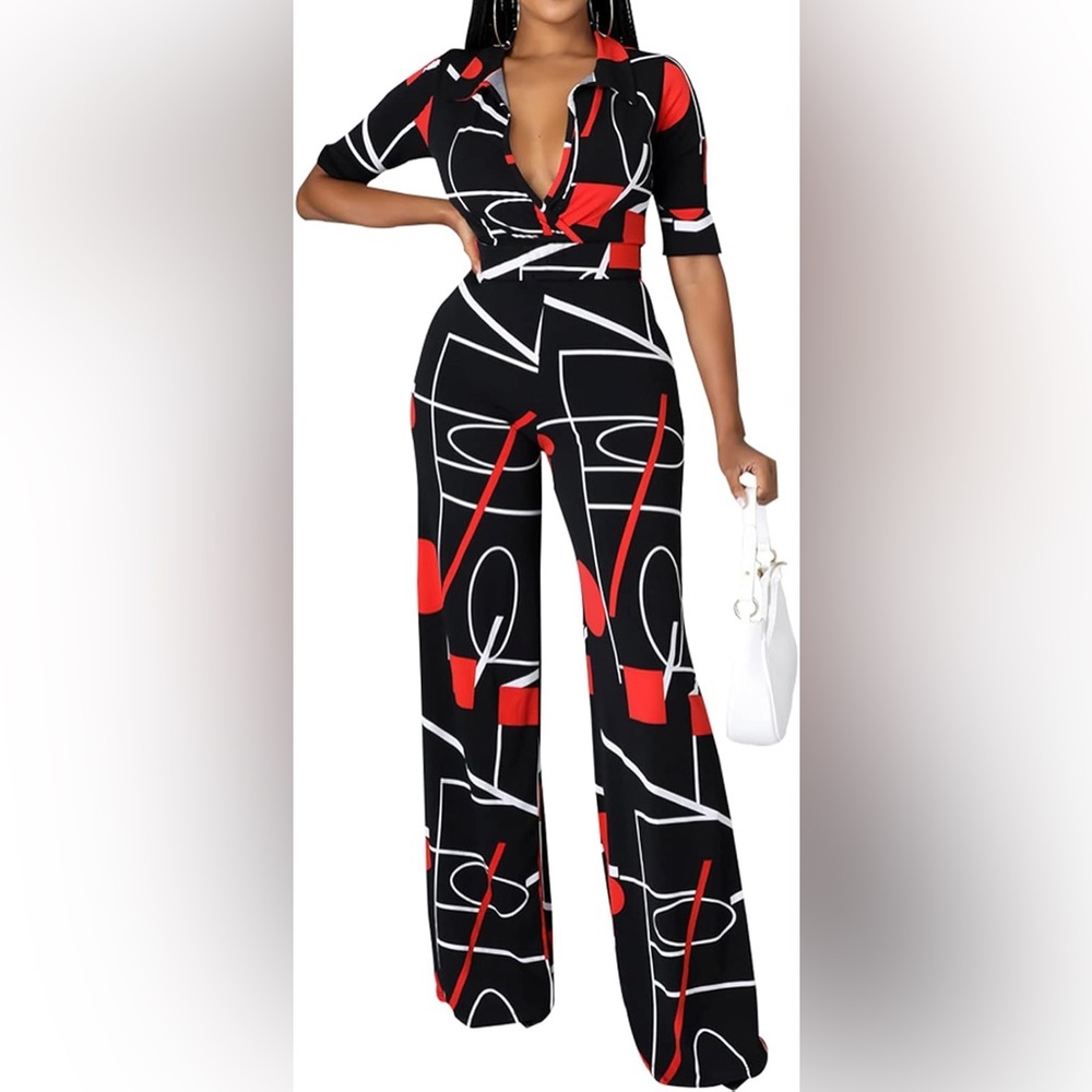Women's Black Red Geometric Long Sleeve Splice Collared Stretch Jumpsuit 5XL NWT
